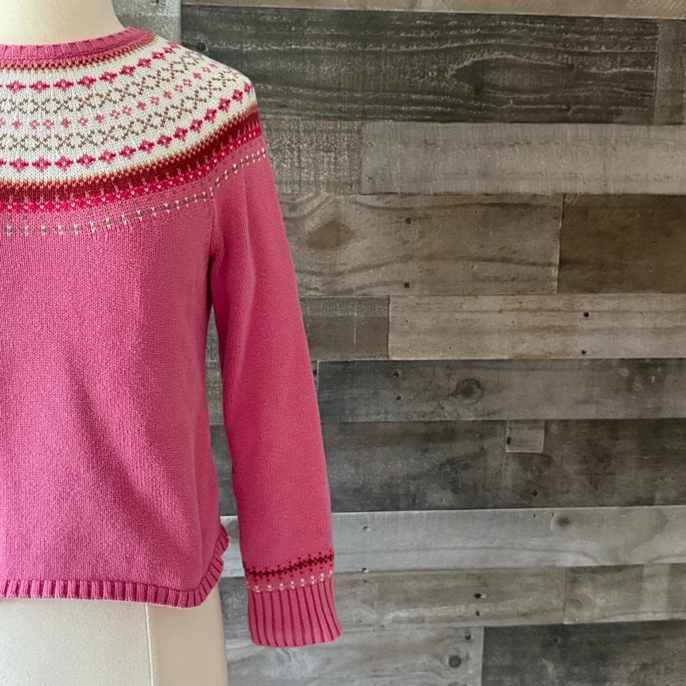 Lands’ End pink knit Nordic pattern sweater girls size 14 preppy holiday winter